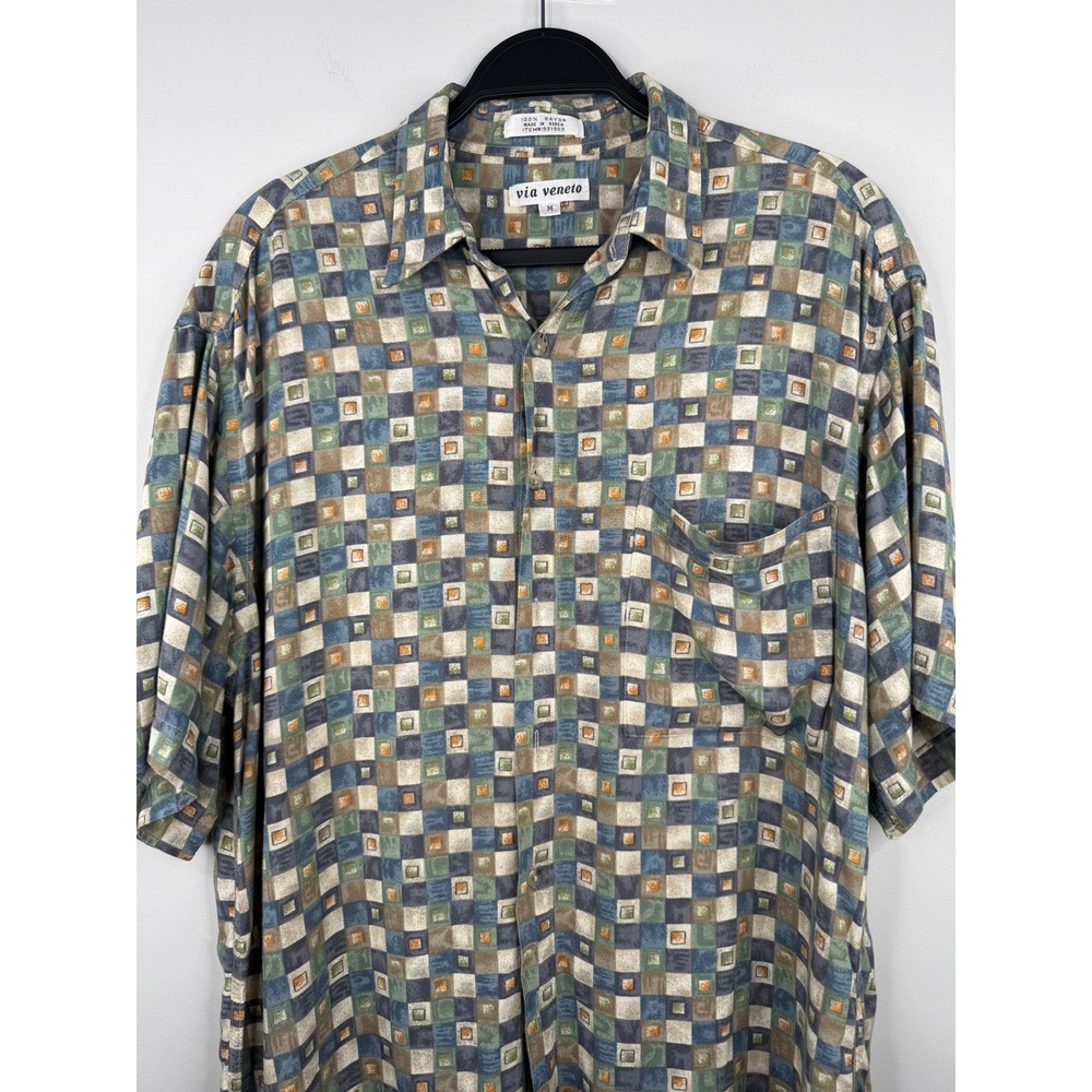Via Veneto Mens Medium Rayon Short Sleeve Button Down Shirt Geometric Blue Green